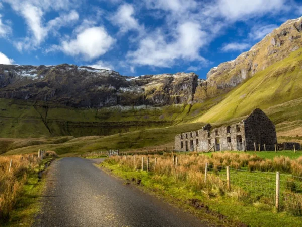 Beautiful Irish landscape: old school nested in between Sligo Cliffs, rural retreat holiday homes in County Sligo, Ireland