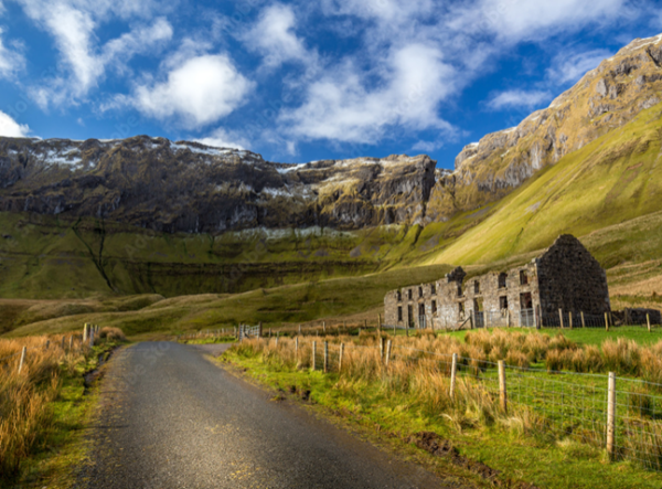 Beautiful Irish landscape: old school nested in between Sligo Cliffs, rural retreat holiday homes in County Sligo, Ireland.